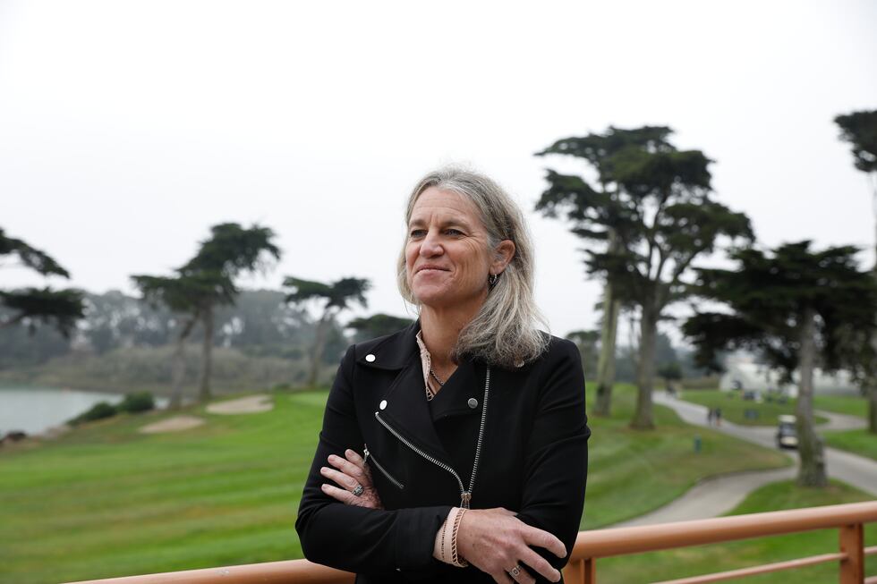 FILE - LPGA Commissioner Mollie Marcoux Samaan stands for a portrait after a news conference...
